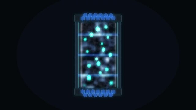 Looped 3D animation chemical reactor luminous drops moving inside, hexagonal metal elements, science