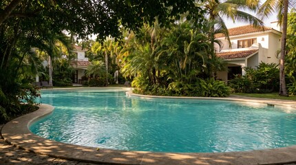 Fototapeta premium Curved Swimming Pool in Mediterranean Villa Garden Surrounded by Palm Trees