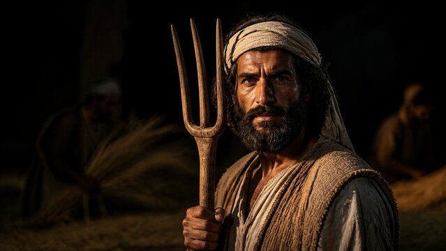 Bearded man in ancient biblical clothing holding wooden pitchfork on threshing floor. Farmer separating wheat from straw. Biblical parable of winnowing and repentance in Judea.