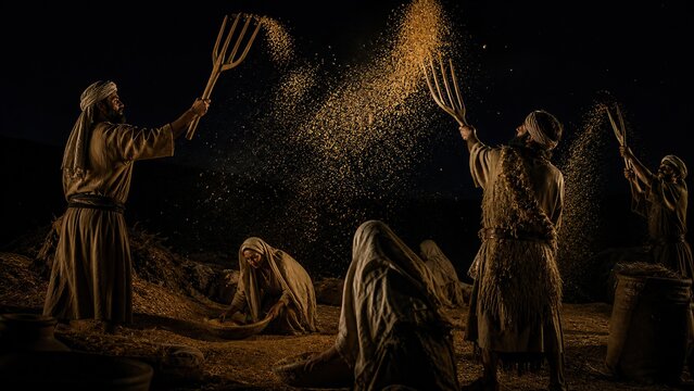 Farmers in biblical robes winnowing grain with wooden pitchforks on night threshing floor. Separating wheat from chaff. Harvest labor and judgment parable concept.