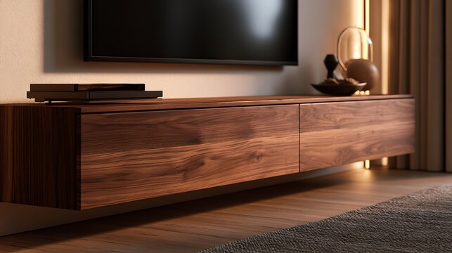 Modern wall mounted wooden media console in a cozy living room interior.
