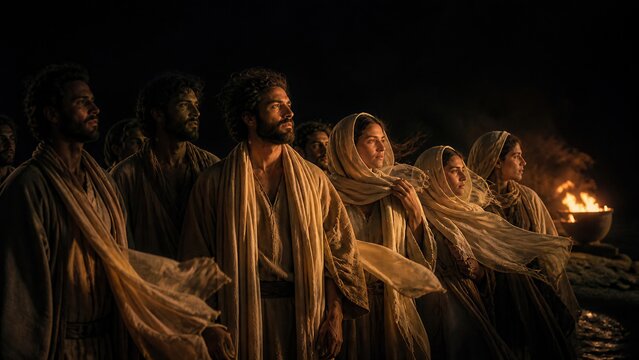 Group of men and women in biblical robes looking up with hope at night. People listening to prophet preaching in ancient Judea. Faith, repentance and spiritual awakening concept.