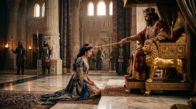 King Ahasuerus extends his golden scepter to Queen Esther kneeling in a Persian palace hall in Book of Esther biblical scene.