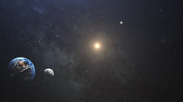 Stunning cinematic view of the earth and moon in orbit with a bright sun against starry space motion background.