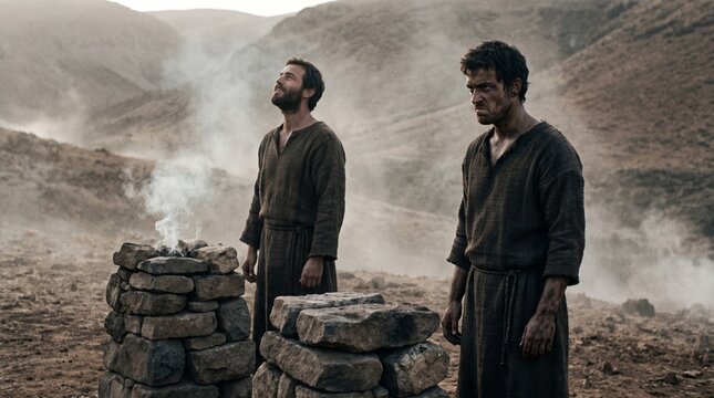 Cain and Abel stand by stone altars as smoke ascends from Abel's accepted offering in Book of Genesis biblical scene.