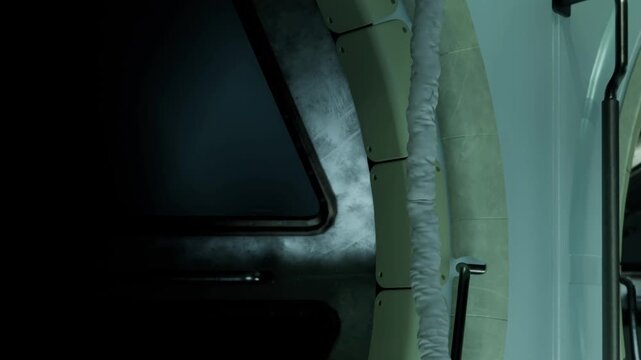 A close view shows part of a spacecraft interior. Cables are visible along the walls. The surface appears dark and metallic. The setting seems to be a space mission preparation area.