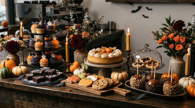 Delicious Halloween party dessert table with cake and cupcakes
