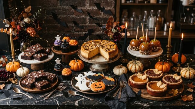 Delicious Halloween party food table with pumpkin treats and desserts