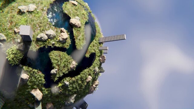 Abstract miniature world sphere with rotating buildings and green nature landscapes in cosmic space cinematic motion.