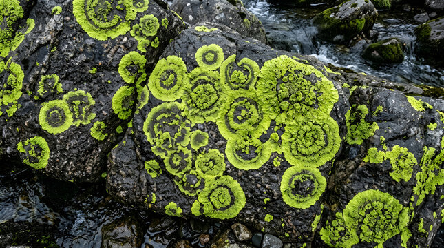 Bright green lichen growing on dark wet rocks. Macro shot of mossy stone texture in nature.