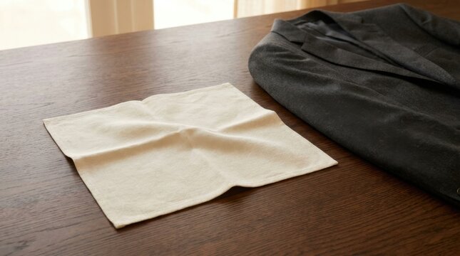 A neatly folded white pocket square lies next to a dark suit jacket on a wooden table.