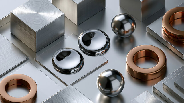 Futuristic abstract tech background with metallic spheres and copper rings

