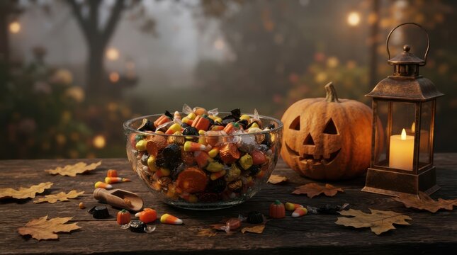Bowl of candy with carved pumpkin and lantern for Halloween celebration