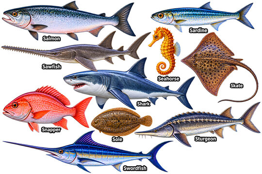 S Marine Species Illustration, Salmon Shark Swordfish Seahorse, Dark Gradient Ocean Chart, Diverse Aquatic Poster, Educational Fish Reference Art  