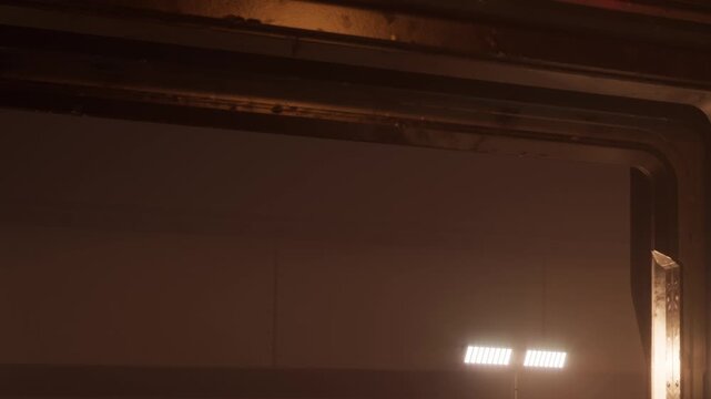 A group of lights is arranged inside a large space in the evening. The area appears to have a dark background with minimal visibility. The lights are pointing towards an unknown spot.