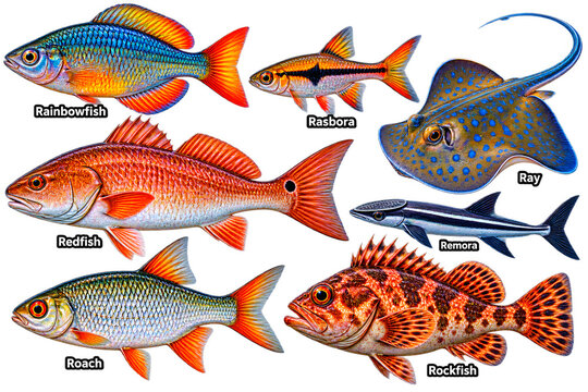 R Fish Species Illustration, Rainbowfish Ray Redfish Rockfish, Warm Dark Marine Chart, Patterned Aquatic Poster, Educational Fish Reference Art  