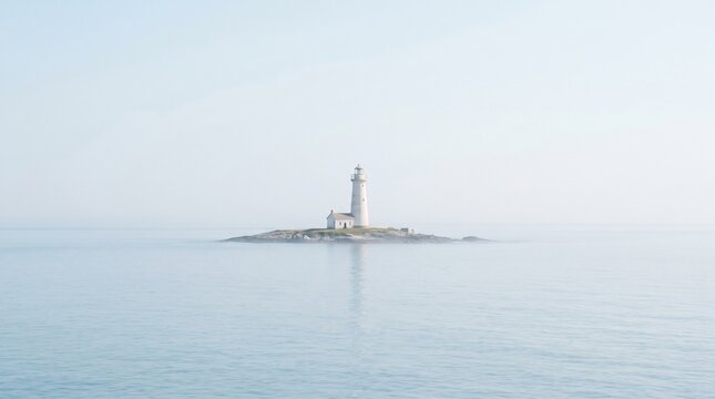 Minimal White Lighthouse on Small Isolated Island in Calm Blue Ocean with Foggy Horizon
