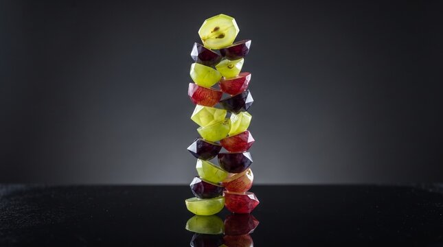 A precarious vertical stack of sliced green and red grapes on a dark surface