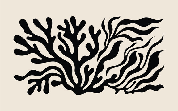 Black hand drawn silhouette of underwater coral reef flora and seaweed with seaweeds silhouette silhouettes underwater botanical graphics