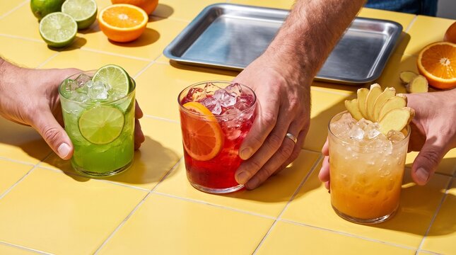 Colorful energy drinks move across a summer table