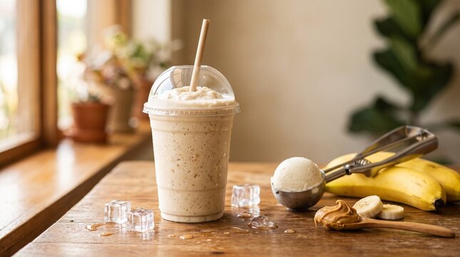 Fresh banana peanut butter smoothie in a plastic cup on a wooden table