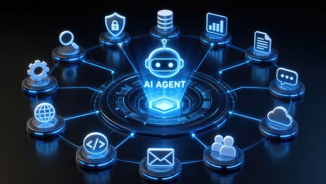 AI agent robot chatbot connection network security shield database server document chat cloud settings cogwheel global programming email people illustration.