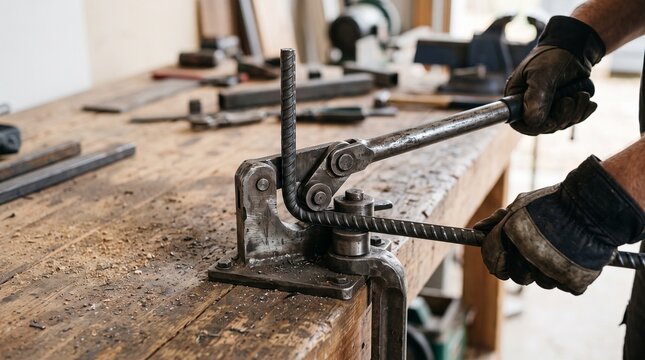 Metalworker using a manual rebar bending tool on a wooden workshop table