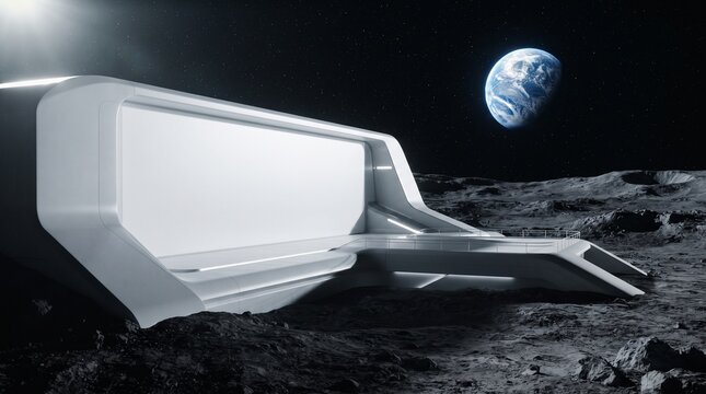 Futuristic lunar base with a blank billboard on the moon surface with Earth in the background