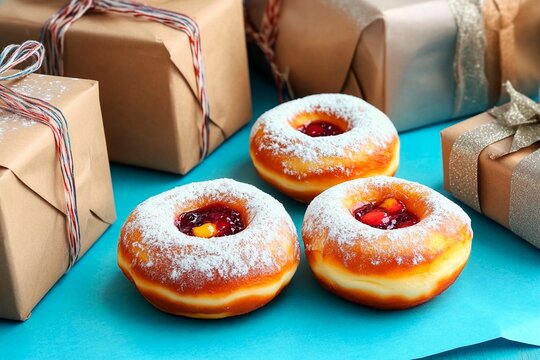 Delicious Hanukkah sufganiyot with powdered sugar and festive gifts arranged for celebration
