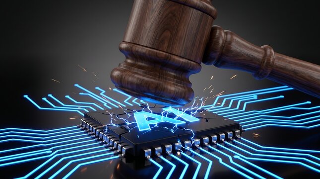 Gavel striking a computer chip with glowing circuit board lines representing digital law and justice