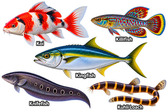 Koi Killifish Kingfish Knifefish, Kuhli Loach Illustration, Dark Gradient Marine Chart, Bright Patterned Aquatic Poster, Educational Fish Reference Art  