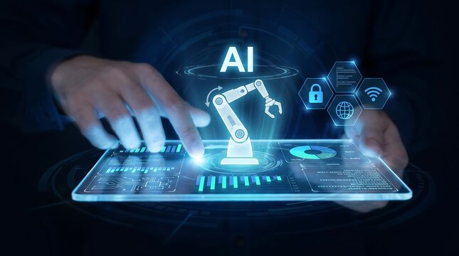 Artificial intelligence concept with robotic arm interacting with digital interface and data security elements