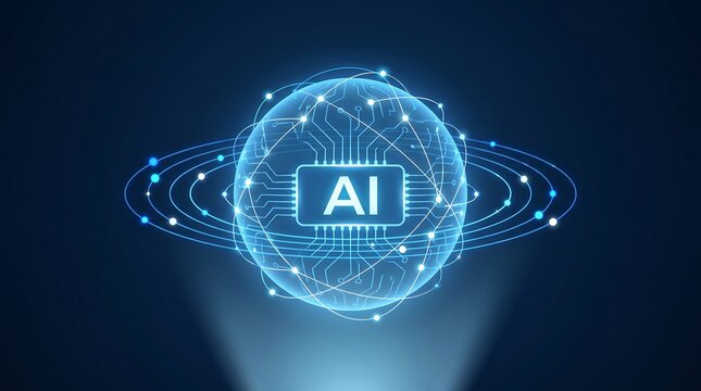 Artificial intelligence globe with circuit board lines and glowing connections on a dark blue background