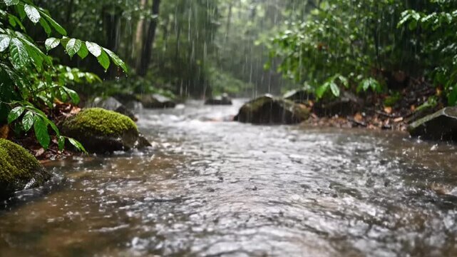 Rain falling on a flowing forest stream with mossy rocks and lush green foliage Serene nature scene