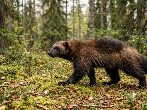 Wolverine walking through dense forest undergrowth in natural habitat.