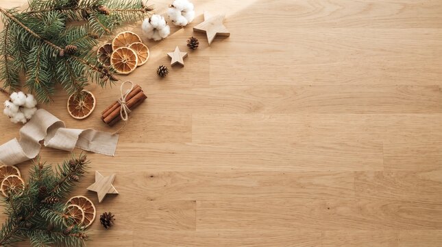 Rustic wooden background flat lay with Christmas spices and decor.