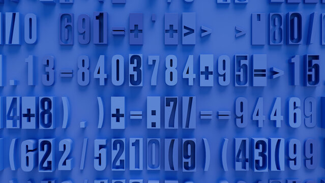 Close-Up of Textured Blue Surface with Mathematical Symbols and Numbers Including Plus, Equals, and Greater Than Signs, Abstract Digital Design for Healthcare Technology and Data Analysis