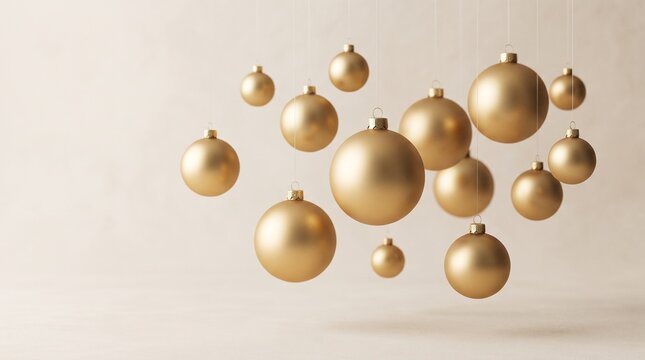 Elegant golden Christmas baubles floating on a beige background.
