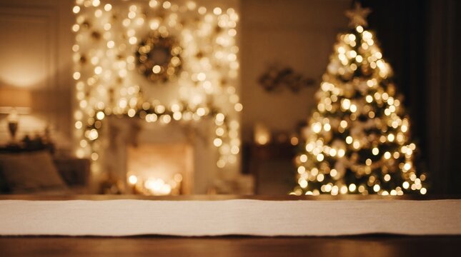 Blurred background of a cozy living room with a glowing Christmas tree.