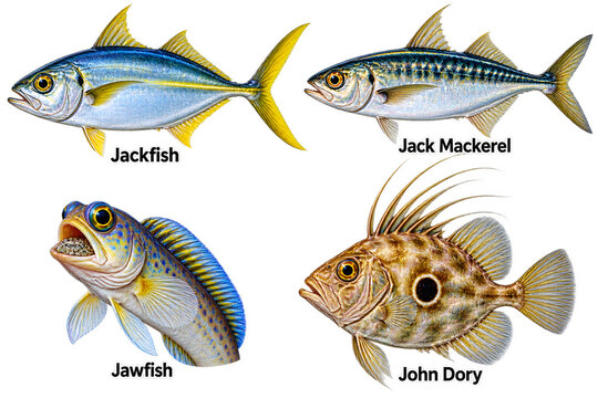 Jackfish Mackerel Jawfish Dory, Labeled J Fish Composite, Dark Gradient Marine Chart, Silver Yellow Aquatic Poster, Educational Fish Reference Art  