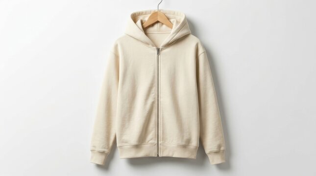Cream Colored Zip Up Hoodie Hanging on a Wooden Hanger Against a White Background.