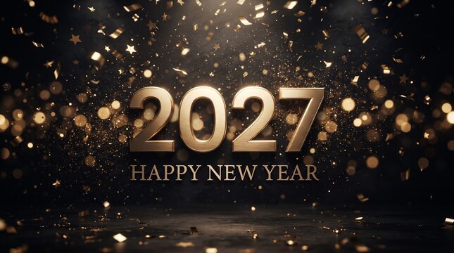 2027 Happy New Year golden text on a dark background with glitter.