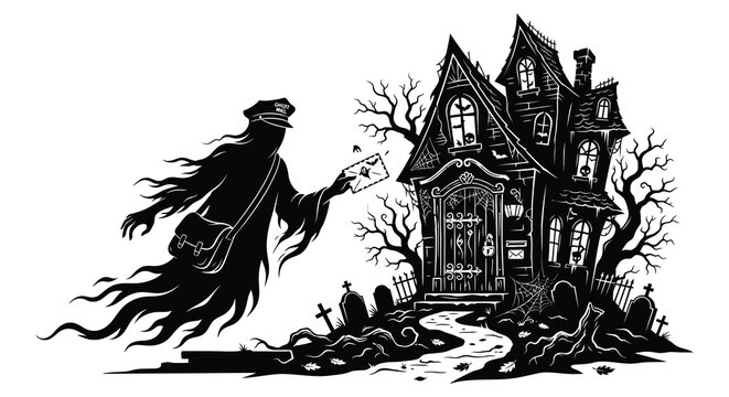 Ghost mail carrier delivers a letter to a haunted victorian house silhouette