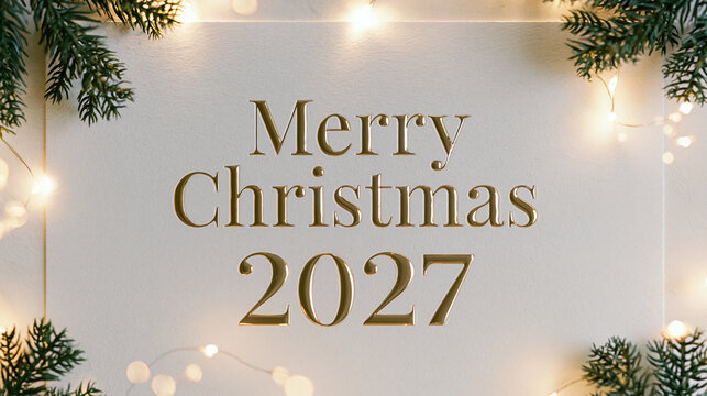Merry Christmas 2027 golden text on a clean white background with lights.