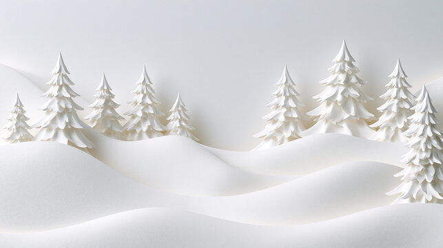 Minimalist white paper cut winter forest landscape background.