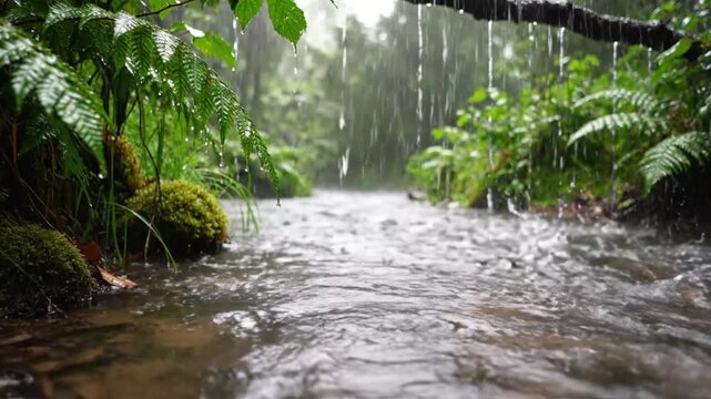 Rain falling on a forest stream lush green foliage tranquil nature scene water flowing refreshing rain