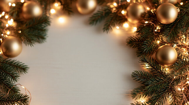 Blank white background surrounded by fir branches and glowing bokeh lights.