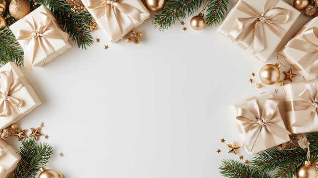 White christmas background framed by wrapped gifts and fir branches.