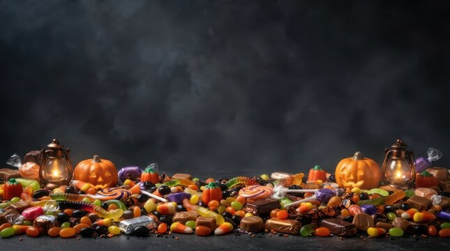 Pile of assorted Halloween candy and pumpkins on a dark background