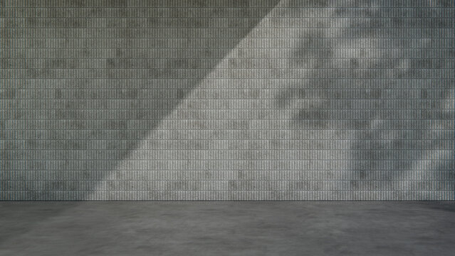 Concrete Block Wall Location with Empty Concrete Floor, Sunlight and Dappled Shadow. Quiet Moment Concept with copy-space.